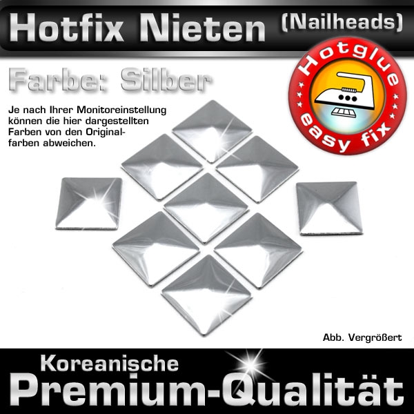ShineStone Metall-Nieten Hotfix (Nailhead Quadrat), 7 mm Silber glänzend, in Premium-Qualität zum Aufbügeln