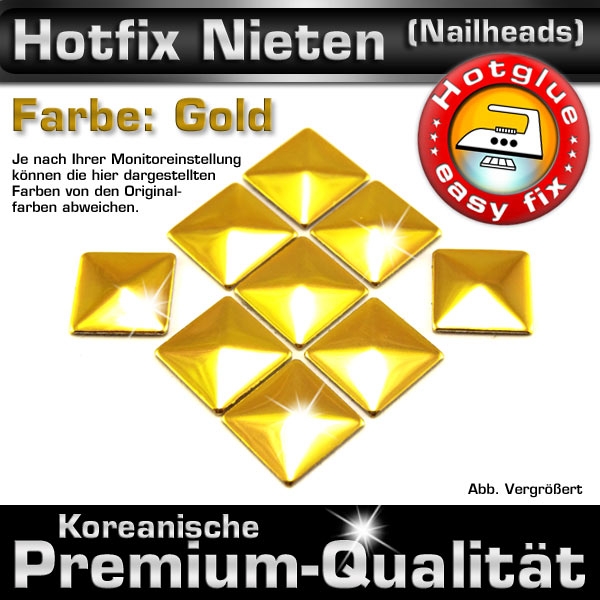 ShineStone Metall-Nieten Hotfix (Nailhead Quadrat), 5 mm Gold glänzend, in Premium-Qualität zum Aufbügeln