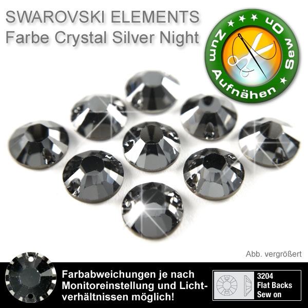 Swarovski Strasssteine Crystal Silver Night 12mm zum Aufnähen