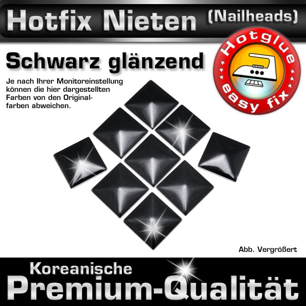 ShineStone Metall-Nieten Hotfix (Nailhead Quadrat), 10 mm Schwarz glänzend, in Premium-Qualität zum Aufbügeln