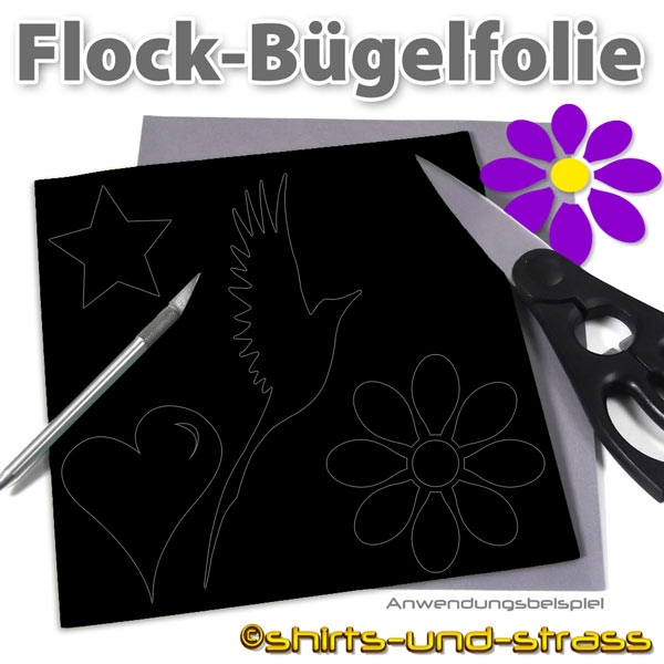 Flockfolie, Bügelfolie als Bogenware 20 x 25 cm, Farbe Schwarz